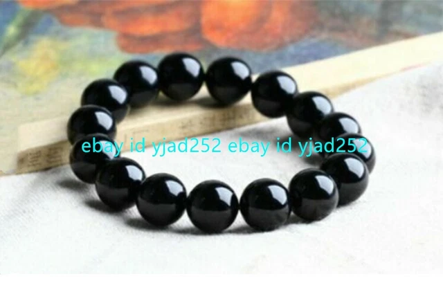 7.5" 12mm Natural Black Agate Onyx Round Gemstone Stretch Bangle Bracelet