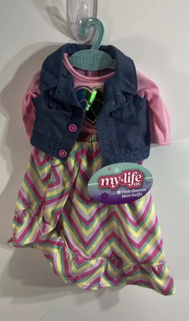 My Life As Pink Chevron Skirt Pink Heart Top Denim Jacket Outfit for 18"Doll NEW