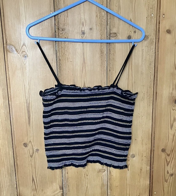 BNWOT New Look Black White Stripe Strappy Frill Crop Vest Tank Top Size 12