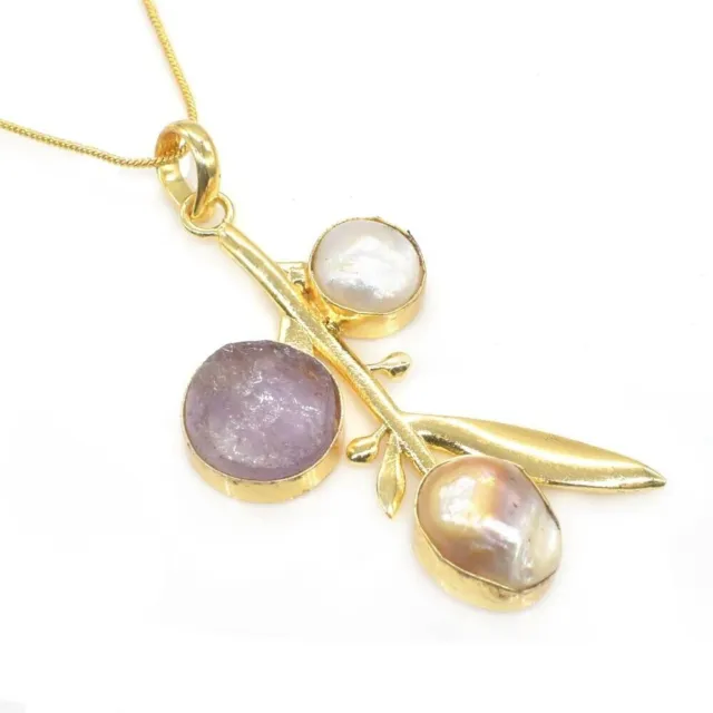 Amethyst Rough Gemstone Gold Plated Jewelry Leaf Design Chain Pendant 2"