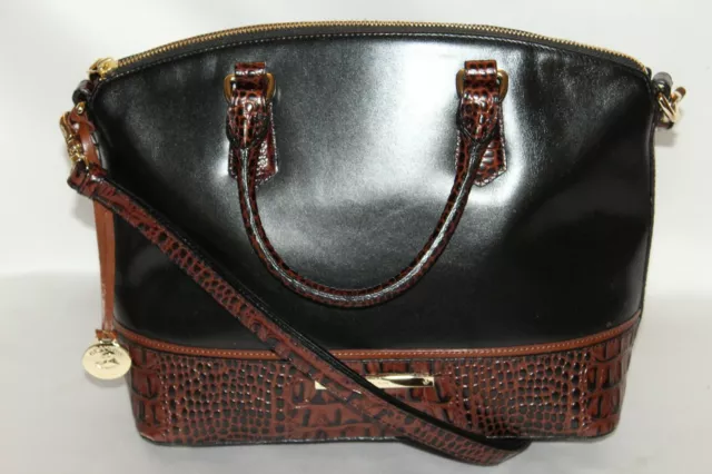BRAHMIN Black Leather Brown Croc Embossed Leather Dome Satchel Shoulder Bag