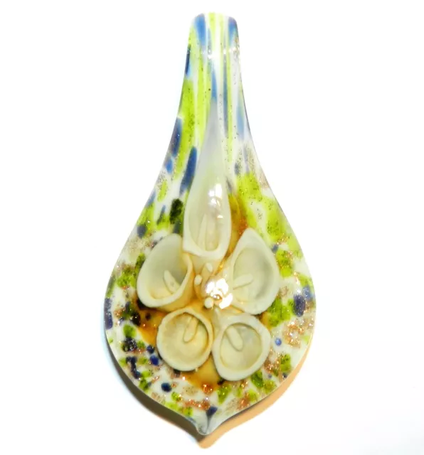 P2800 Yellow Flower Golden Sparkle 63mm Lampwork Glass Spoon Teardrop Pendant