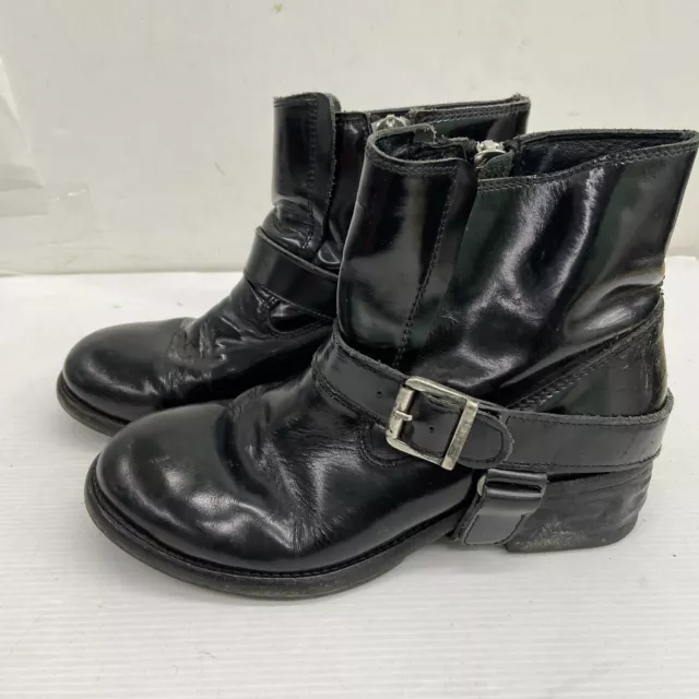 AllSaints Black Shiny Leather Moto Buckle Biker Ankle Boots Womens 39 US 8