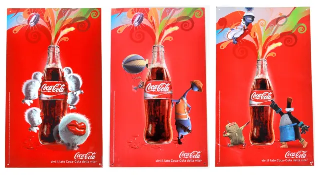 3 Collectible Metal Plates Italian Coca Cola Advertisements with Original Logo