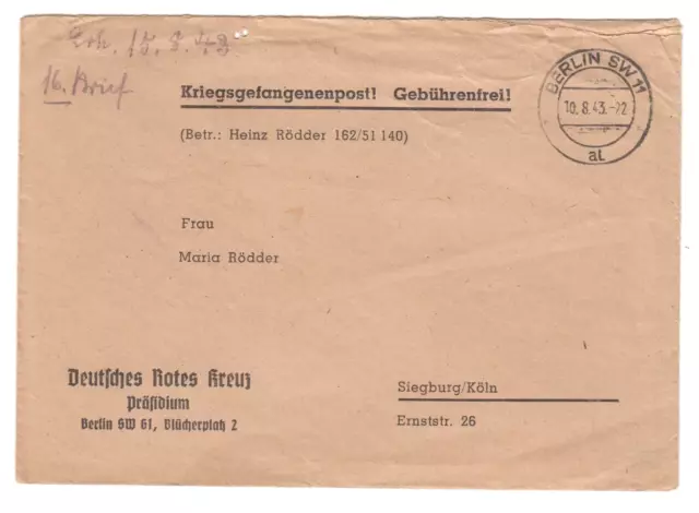 Rotes Kreuz Kriegsgefangenenpost Brief 1943 Gebührenfrei super Stück