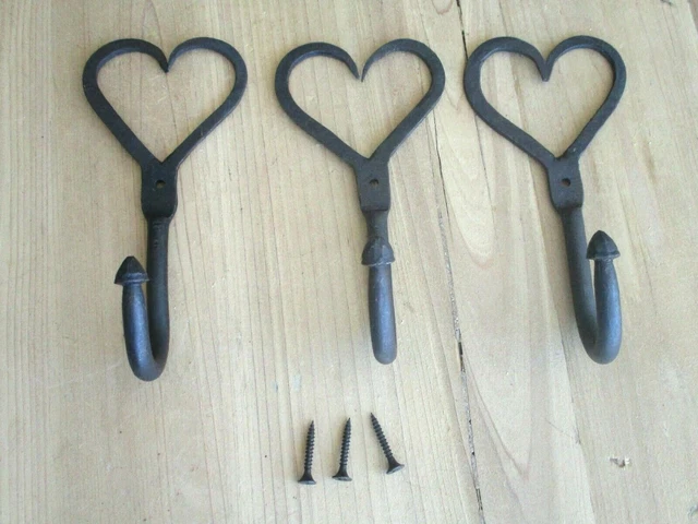 3 Iron Coat Hooks Hat Hand Forged 6 1/4"  Antique Style Hook Heart U-Shape Hat