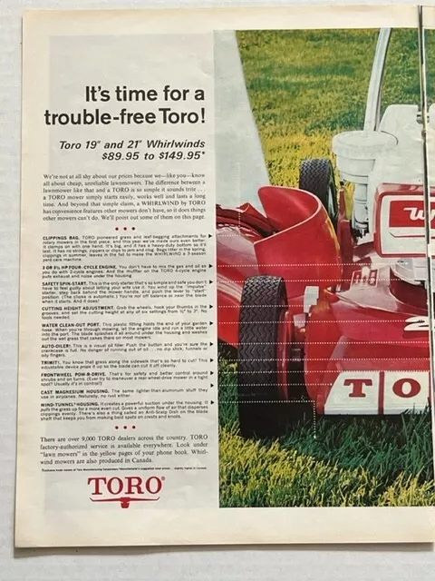 1960s Toro 19"&21" Whirlwind Lawn Mowers Pow-R-Drive Print Ad 2 Page Red White