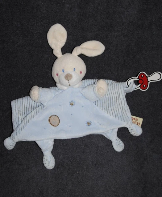 Doudou Plat Lapin Bleu Rond Gris NICOTOY SIMBA Toys KIABI Attache Tétine TBE