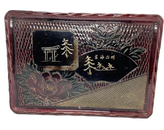 Vintage Nicely Carved Lotus Wood Lacquered Asian Serving Tray Tray