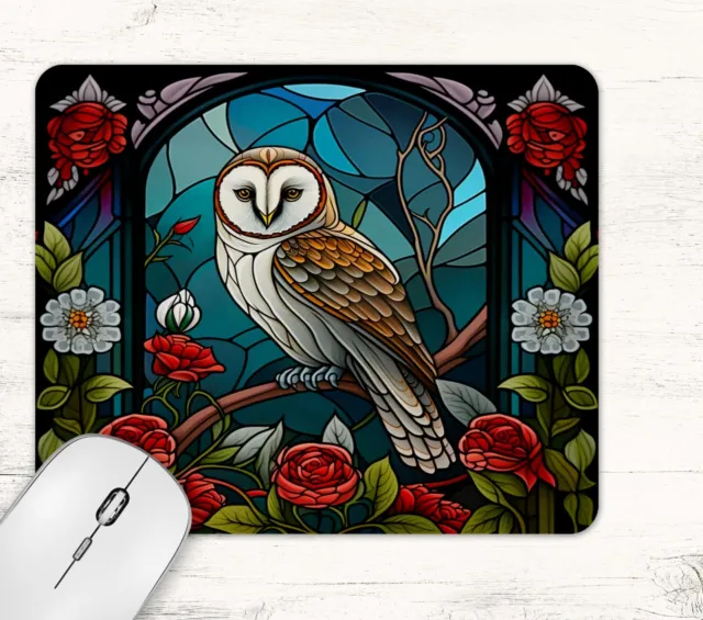 Owl Stained Glass Design Neoprene Mouse Pad Mat Non Slip Rectangle