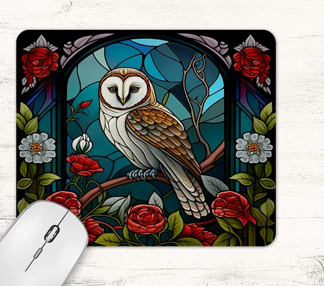 Owl Stained Glass Design Neoprene Mouse Pad Mat Non Slip Rectangle