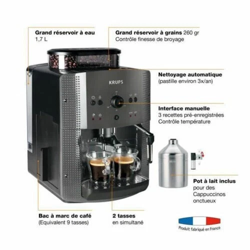 KRUPS Machine à Café Avec Broyeur Expresso Automatique, Mousseur Lait 1450W GRIS