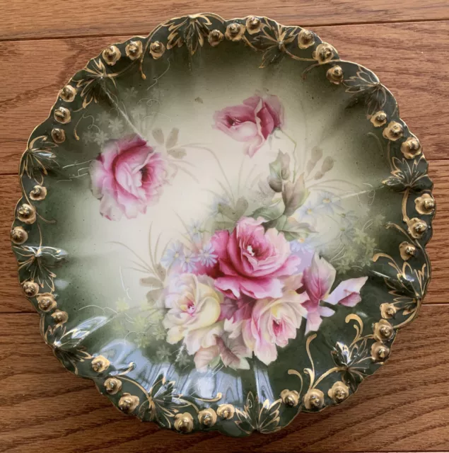 Germany Plate Floral Handpainted Porcelain w Gold Trim 8 3/4" Marked