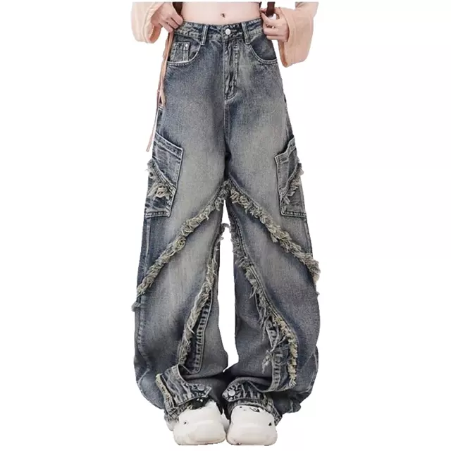 Women's High-Rise Wide Leg Baggy Jeans Denim Cargo Pants Casual Loose Mid Waist