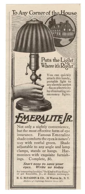 1918 H. G. McFADDEN Emeralite Jr. lamp Vintage Print Ad