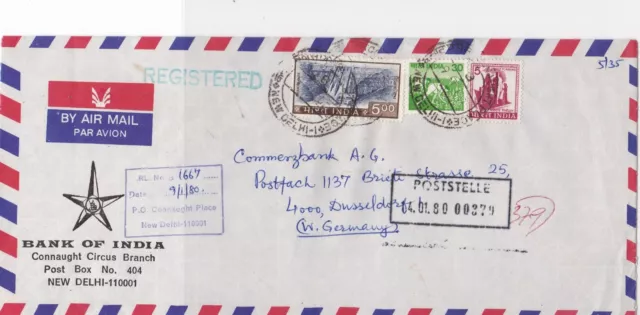 India 1980 Bank of India Delhi Airmail Regd to Commerzbank Stamps Cover Ref29974