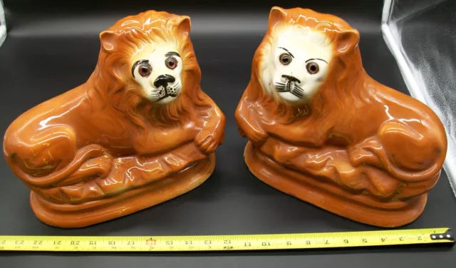 Antique Pair of Staffordshire Pottery Lion Mantel Lions Glass Eyes English