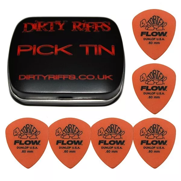 6 x Dunlop Tortex Flow Standard 0.60mm Guitar Picks Plectrums In a Pick Tin