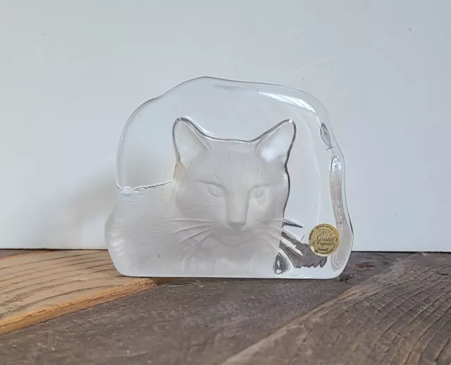 Cat Paperweight Cristal d’Arques Lead Crystal Glass Reverse Embossed France