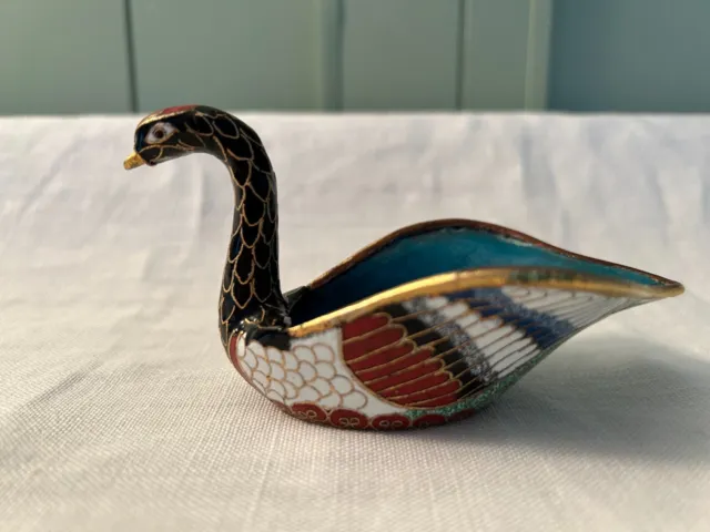 Vintage China Cloisonne Swan Trinket Dish Brass Enamel Chinese 2.5 Tall