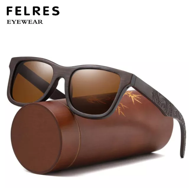 Men Women Bamboo Wood Polarised Square Sunglasses Brown Wooden Frame Glasses New