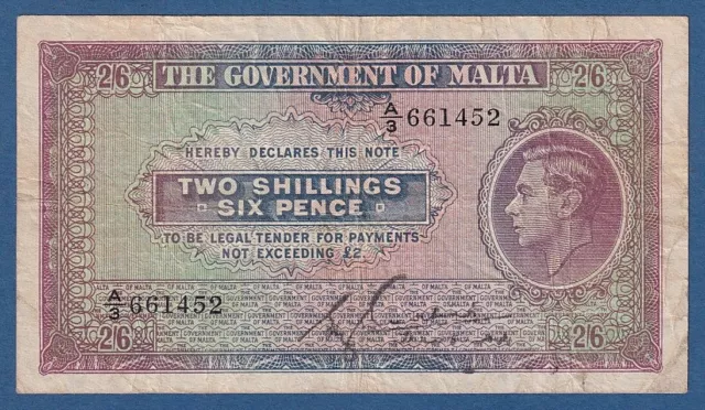 Malta -- 2 Shillings 6 Pence Nd ( 1940 ) -- Fine+ -- A3 -- Pick 18 .