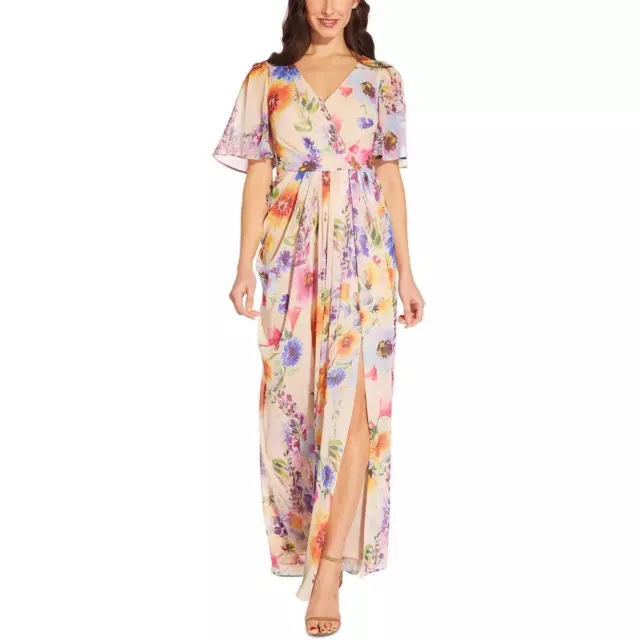 Adrianna Papell Womens Pink Floral Flutter Sleeve Maxi Dress Gown 6 BHFO 5525