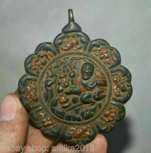 8CM Old Tibetan Bronze Painting Living Buddha 8 Auspicious Symbol Amulet Pendant