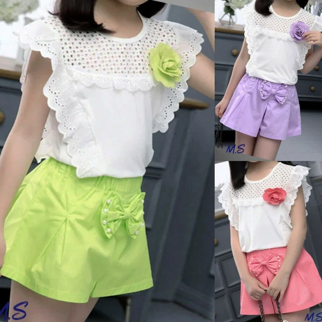 Girls Top Shorts set Lace Outfit Kids Summer Short sleeve Sets Age 3-11 years