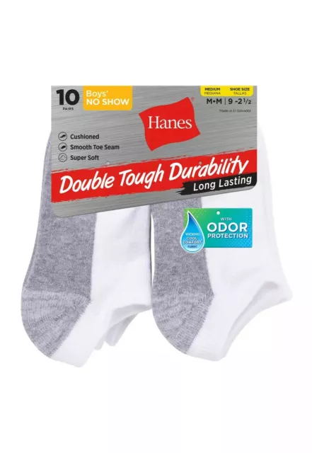 NEW! Hanes Boys Double Tough Durability No-Show Socks, 10-Pack, White, Pick Size