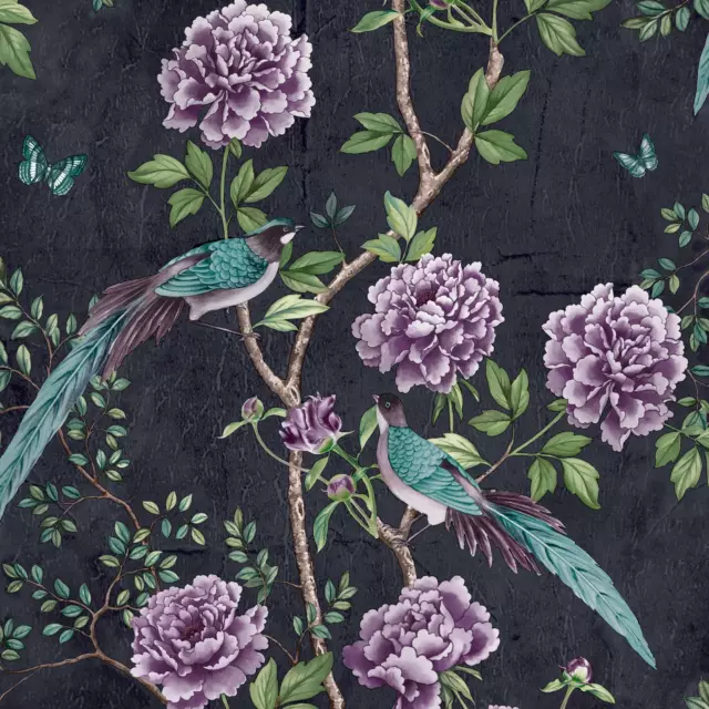 Paloma Hogar Vintage Chinoiserie con Flores Papel Pintado Pájaros - Negro 921503