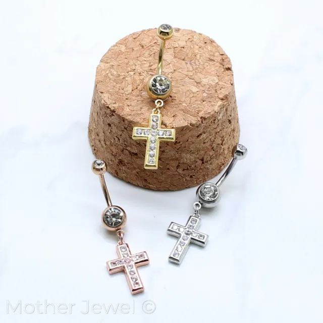 Simulated Diamond Cross Dangle Belly Navel Silver Rose Yellow Gold Ip Ring