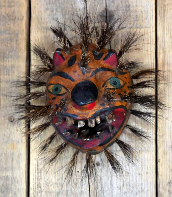 #3 Tiger Jaguar Wood Mask Boar Hair Handmade Guerrero Mexican Folk Art Small Sz
