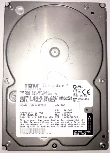 Disco Duro IBM 20.4GB Deskstar IDE  3.5"  DTLA-307020 07N4109