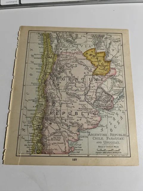 Rand, McNally & Co Antique 1899 Map Of Argentine Republic, Chile, Paraguay, 7x6