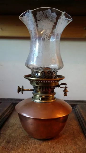 Antique Victorian Hinks Benetfink Duplex Oil Lamp Copper & Brass - Glass Shade