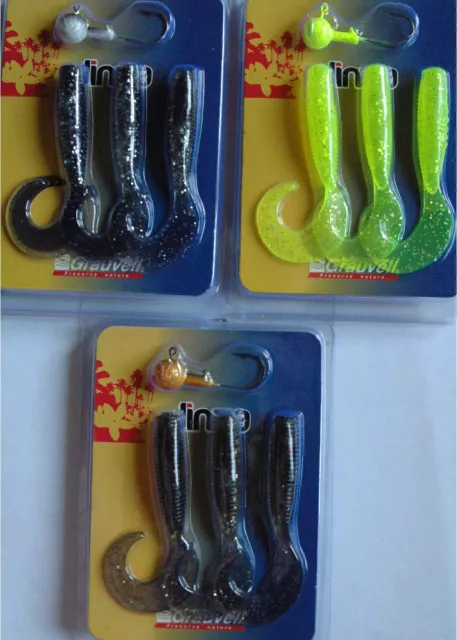 Lot Kit pêche leurre souple Grauvell Jinza 9 twist 8cm + 3 têtes plombées 14g