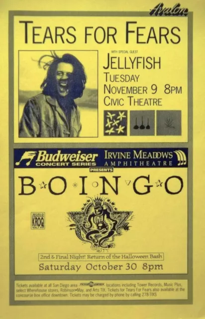 Tears For Fears & Jellyfish / Oingo Boingo 1993 San Diego Concert Tour Poster