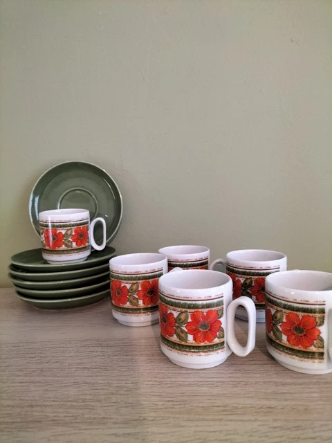 Set De 6 Tasses Et Sous-tasses Vintage Années 70-80 Décor Citrons - Plastique Pour Camping/pique-nique