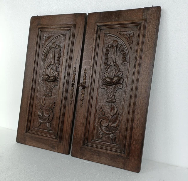 Pair Antique French hand Carved Wood Oak Door Panels Reclaimed Architectural Flo 2