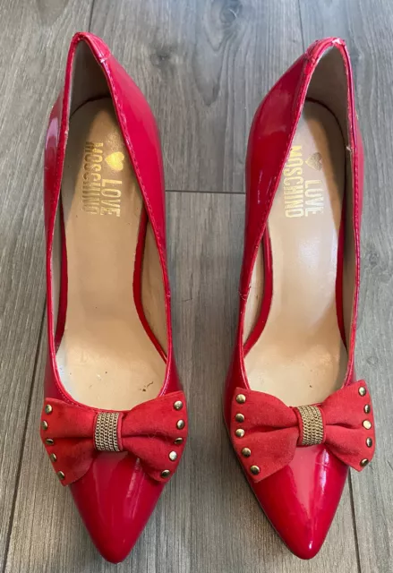 LOVE MOSCHINO Red Patent Leather Studded Bow Platform Pumps Size 36.5 **READ**