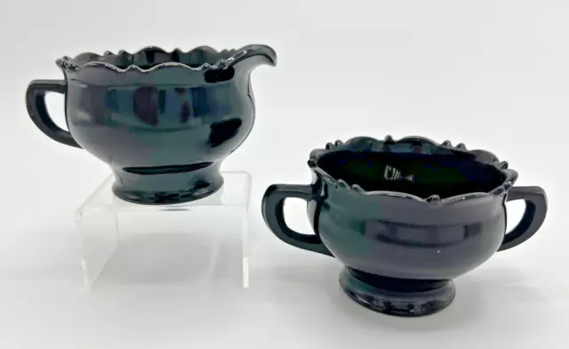 Mt Pleasant Black Amethyst Glass Cream & Sugar Set, L E Smith Depression Era