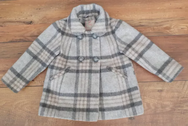 GIRLS NEXT SMART GREY CHECKED WOOL BLEND LINED COAT AGE 2-3 YEARS HEIGHT 98cm