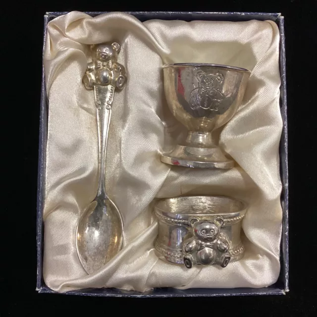 Vintage Childrens Silver Tone Spoon, Egg Cup & Napkin Ring In Box (2C) MO#8621