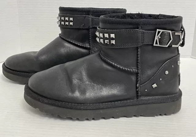 UGG Neva Deco Stud Black Leather Mini Boots Womens Size 7 Swarovski Crystals