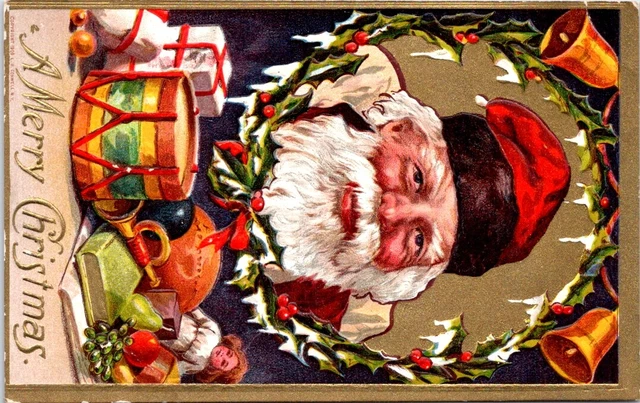 SANTA with Toys, Drum, Doll, Bugle, CHRISTMAS Greetings Postcard - 268