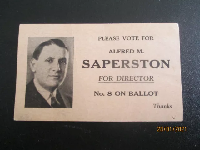 VINTAGE USA ELECTION CARD ; DIRECTOR OF BUFFALO NY- ALFRED M.SAPERTSON  c.1931