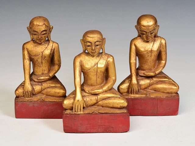 19th Century, Mandalay, A Set of Antique Burmese Wooden Seated Disciples