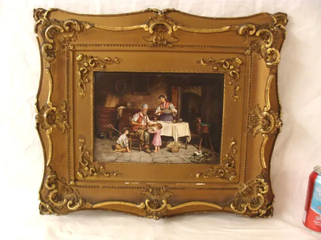 Antique 19C Italian Interior Genre Scene O/ Porcelain Painting