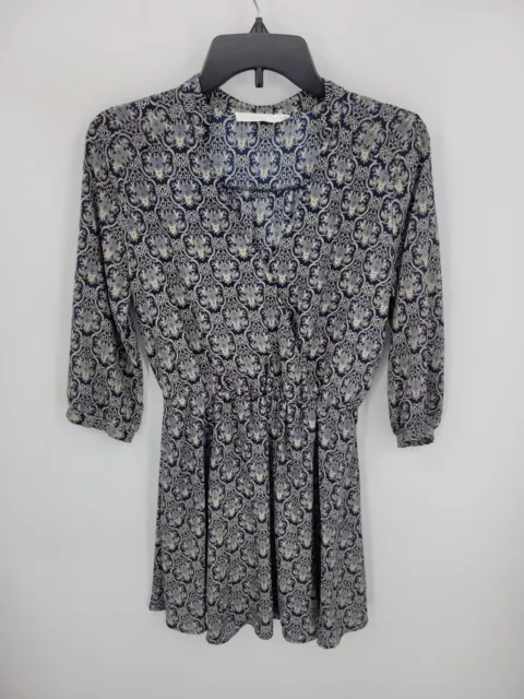 Anthropologie Lush Dress Womens Medium Blue Ivory Boho Long Sleeve Artsy